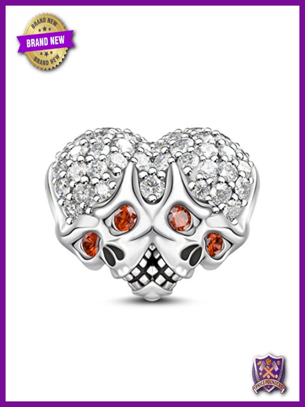 925 Sterling Silver Heart Skull Charm for European Charm Bracelets & Necklaces